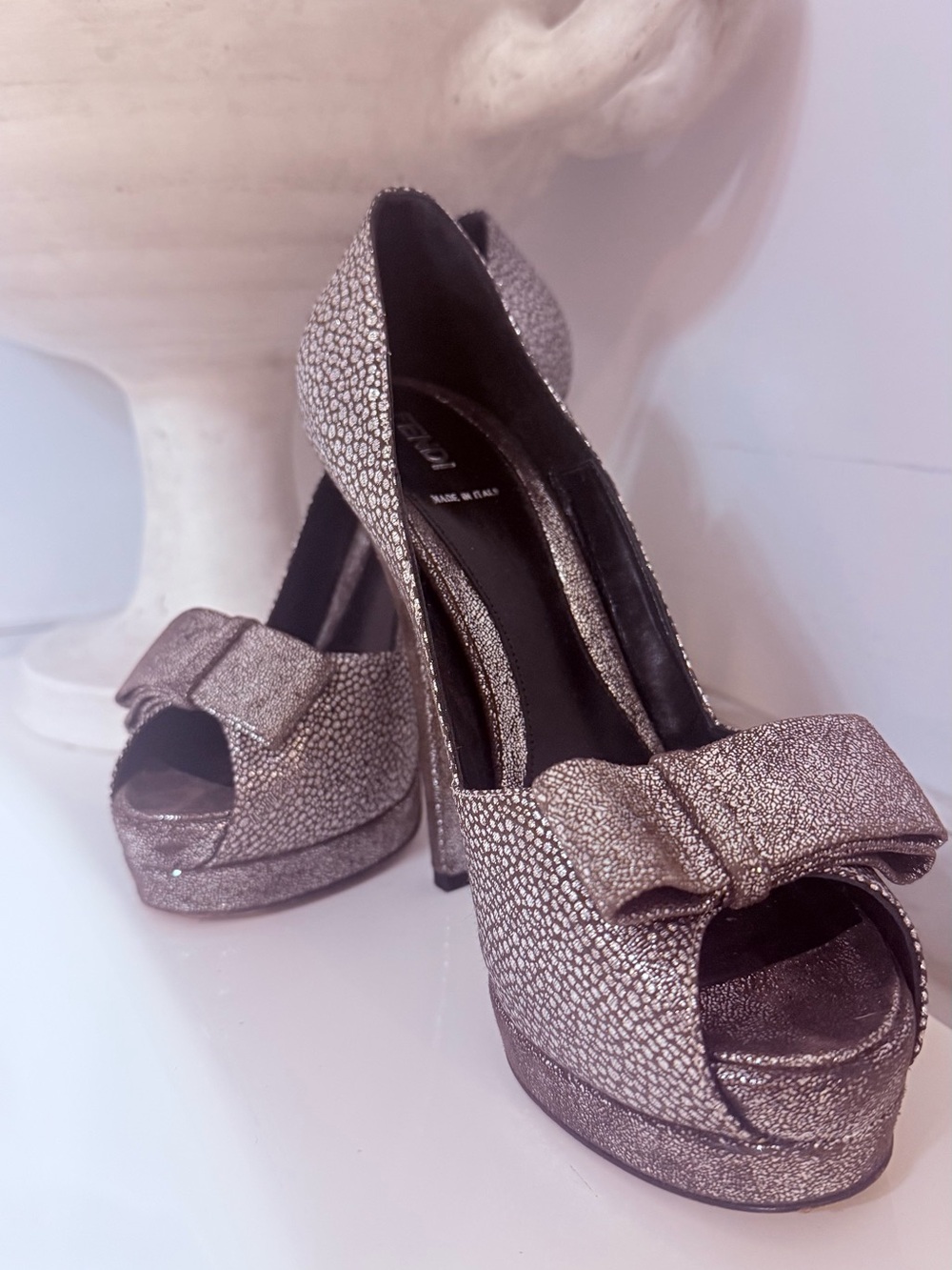Fendi Metallic Pewter Peep-Toe Platform Heels with Bow